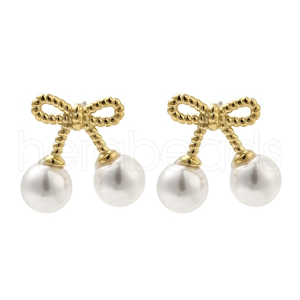 Mother's Day Jewellery 304 Stainless Steel Shell Pearl Bowknot Stud Earrings for Women EJEW-U020-28G-1