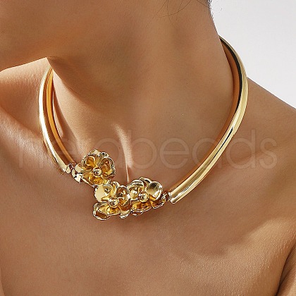 Iron Flower Link Choker Necklaces for Women NJEW-U046-02G-1