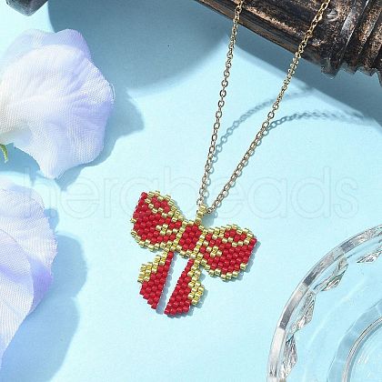 MIYUKI Delica Seed Beads Loom Pattern Bowknot Pendant Necklaces NJEW-MZ00097-02-1