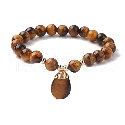 Natural Tiger Eye Stretch Bracelets with Teardrop Charms for Women BJEW-JB10110-03-1