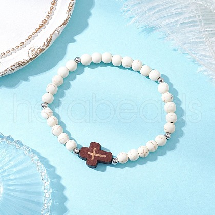 Cross Synthetic Turquoise & Wood Round Beads Stretch Bracelets for Men Women BJEW-JB11832-02-1