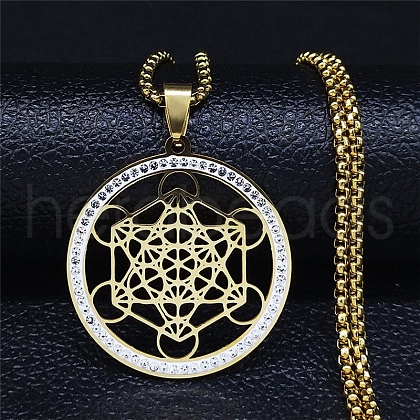 Crystal Rhinestone Flat Round with Hexgon Pendant Necklace with 304 Stainless Steel Box Chains NJEW-K253-11G-1