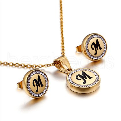 Flat Round with Letter Pattern 304 Stainless Steel Crystal Rhinestone Pendant Necklace & Stud Earring FS-WG33EDD-13-1