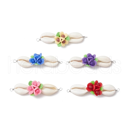 Natural Cowrie Shell & Flower Handmade Polymer Clay Connector Charms PALLOY-JF03797-1