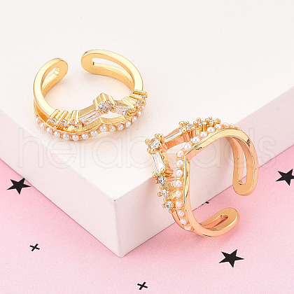 Brass Micro Pave Clear Cubic Zirconia Cuff Rings for Women KK-T074-15G-1