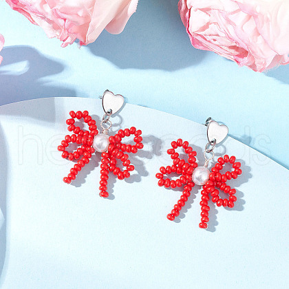 Heart with Bowknot Handmade Glass Seed Beads Dangle Stud Earrings EJEW-MZ00474-02-1