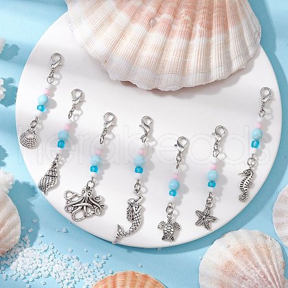 7Pcs Ocean Theme Alloy Charm & Glass Beads Pendant Decorations HJEW-JM03157-1