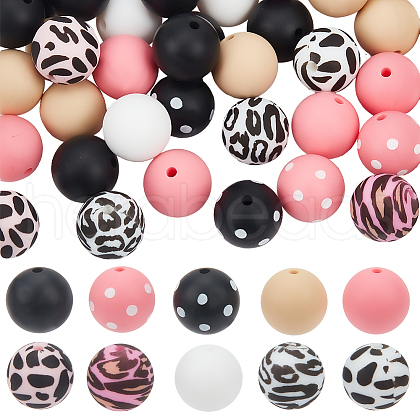 SUNNYCLUE 58Pcs 10 Styles Printed Round Silicone Focal Beads SIL-SC0002-06-1