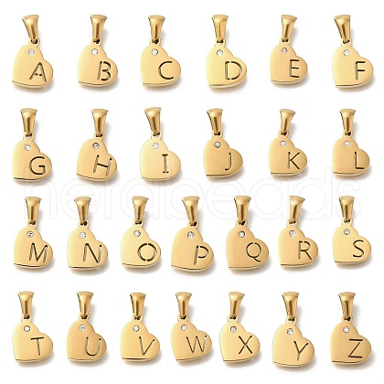 26Pcs Letter A~Z 304 Stainless Steel Heart Pendants with Crystal Rhinestone STAS-Z103-01G-M-1