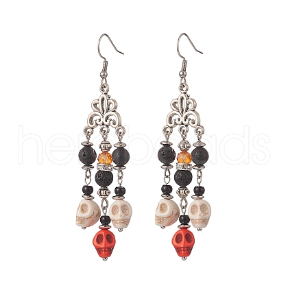 Dyed Synthetic Turquoise Skull & Natural Lava Rock Chandelier Earrings EJEW-TA00219-1