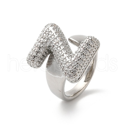 Letter Brass Micro Pave Clear Cubic Zirconia Open Cuff Ring for Women RJEW-N046-03Z-P-1