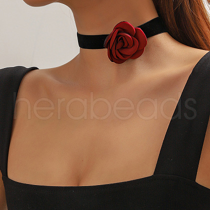 3D Rose Polyester Band Choker Necklaces with Alloy End Chains FS-WGA9896-03-1