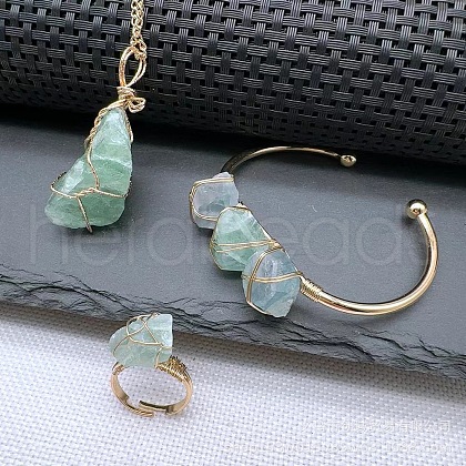 Wire Wrapped Nuggets Natural Fluorite Pendant Necklace & Cuff Bangle & Rings Sets FS-WG99384-01-1