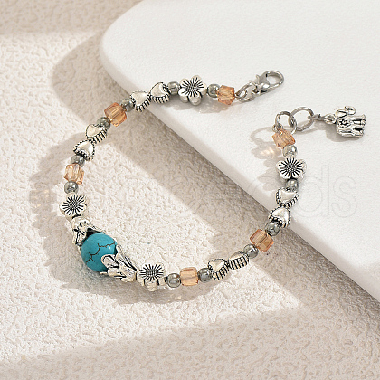 Synthetic Turquoise & Zinc Alloy Flower Round Beaded Elegant Women's Bracelets ZF9311-1-1
