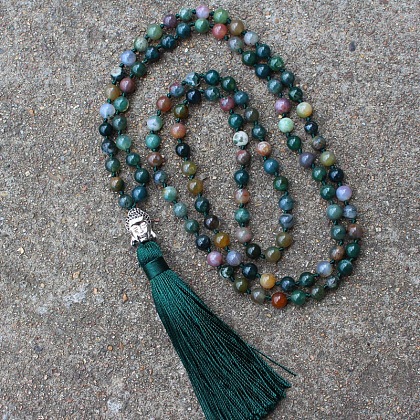 Alloy Buddha Natural Indian Agate 108 Mala Prayer Round Beaded Wrap Necklaces with Long Tassel FS-WG80FF1-01-1
