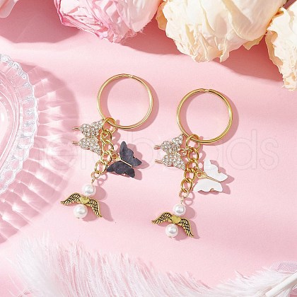 2Pcs Butterfly Alloy Acrylic & Rhinestone & Angle Pendant Keychains KEYC-JKC01251-1