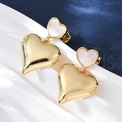 Heart Brass Shell Dangle Stud Earrings KK-D363-20G-1