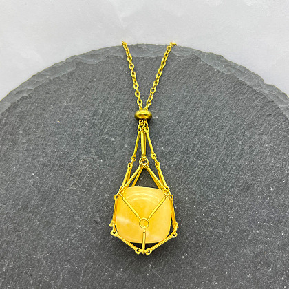 Natural Topaz Jade Nuggets Macrame Pouch Pendant 201 Stainless Steel Chain Necklaces FS-WG7A779-16-1