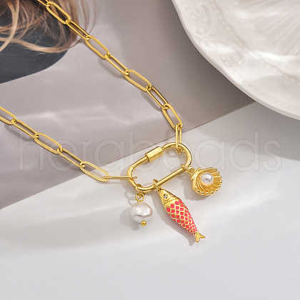 Brass Enamel & Natural Pearl Fish Pendant Necklaces for Women Holiday Party Vacation Accessory GH9024-2-1