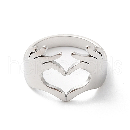 304 Stainless Steel Hand Heart Open Cuff Ring for Women RJEW-K245-45P-1