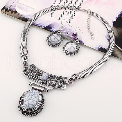Oval Synthetic Turquoise Pendant Necklaces & Dangle Earrings Sets. Alloy Jewelry Sets FS-WGD3387-03-1