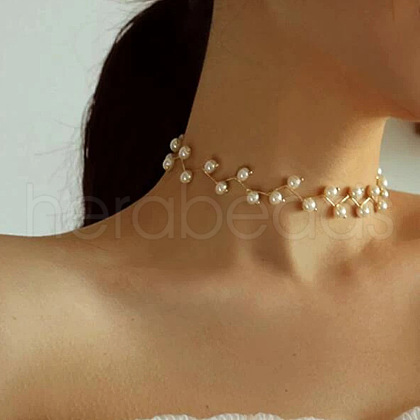 Alloy and Imitation Pearl Branch Choker Necklaces for Wedding Jewelry FS-WG4B46D-02-1