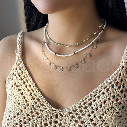 Summer Beach Alloy Coin Tassel Glass Seed Beaded 3 Layer Necklaces for Women FS-WGF3BD7-03-1