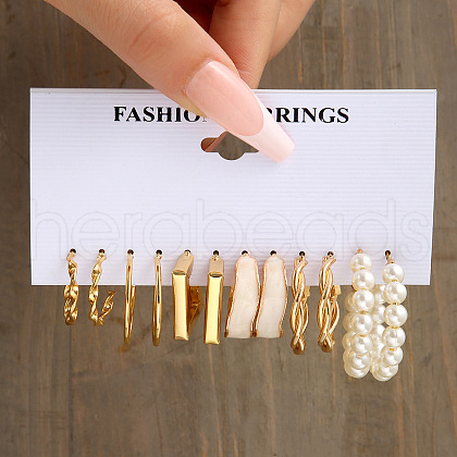 6Pairs Alloy with Plastic Imitation Pearl Stud Earrings & Hoop Earrings WG38505-06-1