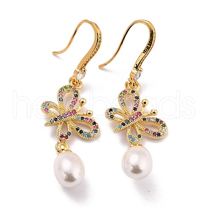 Butterfly with Imitation Pearl Beads Sparkling Cubic Zirconia Dangle Earrings for Her ZIRC-C025-31G-1