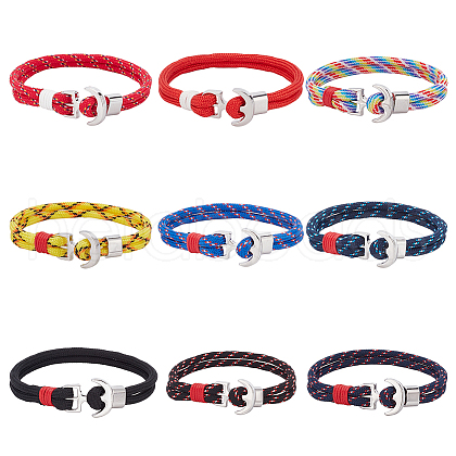 ANATTASOUL 9Pcs 9 Colors Survival Polyester Cord Bracelets Set with Alloy Anchor Clasps BJEW-AN0001-59-1