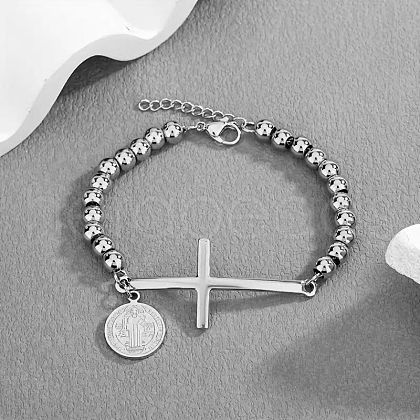Cross & Flat Round with Saint Benedict 304 Stainless Steel Link Bracelets FS-WG3BB4A-02-1