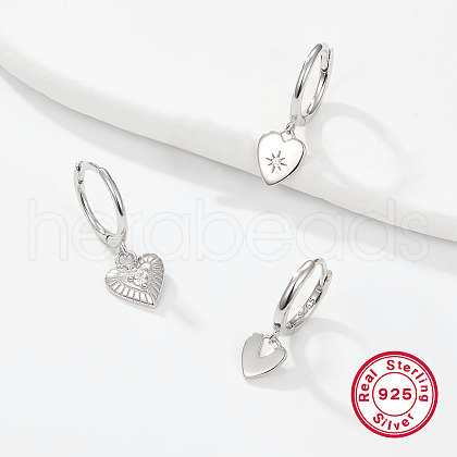 3Pcs 925 Sterling Silver Clear Cubic Zirconia Heart Hoop Earrings MG6658-8-1
