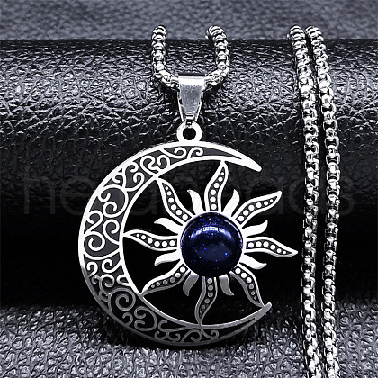 Gothic Moon Sun 304 Stainless Steel Pave Synthetic Blue Goldstone Pendant Necklaces for Women FS-WG56BEB-02-1
