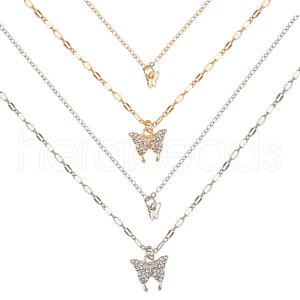 ANATTASOUL 2Pcs 2 Colors Crystal Rhinestone Butterfly Pendant Double Layer Necklaces Set NJEW-AN0001-23-1