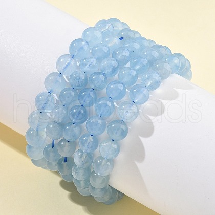 Natural Aquamarine Round Bead Stretch Bracelets for Men Women BJEW-U034-01C-04-1