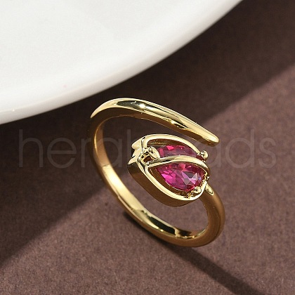 Flower Brass Micro Pave Cubic Zirconia Cuff Rings for Women RJEW-A069-05G-02-1