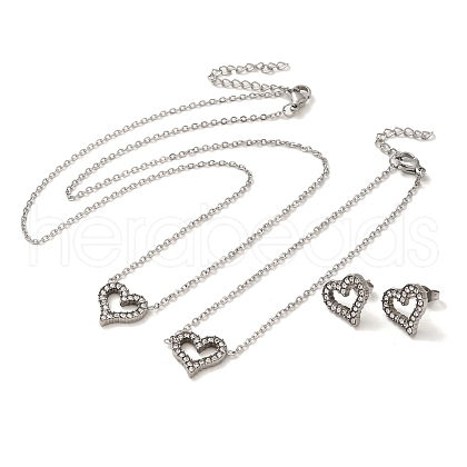 Heart 304 Stainless Steel Rhinestone Pendant Necklaces & Bracelets & Stud Earrings Sets for Women SJEW-C004-06P-1