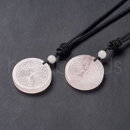 Natural Rose Quartz Flat Round with Tree of Life Pendant Necklace with Nylon Cord for Women NJEW-P274-03-06-1