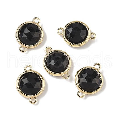Brass Pave Natural Obsidian Faceted Flat Round Connector Charms G-U028-04G-14-1