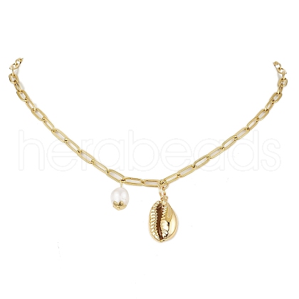 Natural Freshwater Pearl & Electroplated Shell Pendant Necklaces NJEW-JN05105-1