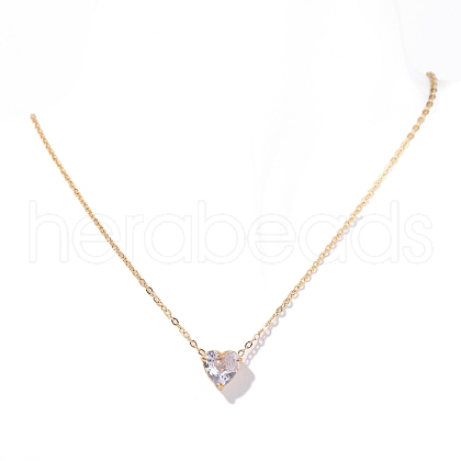 Stainless Steel Pave Cubic Zirconia Heart Pendant Cable Chain Necklaces for Women PW-WG05D07-04-1