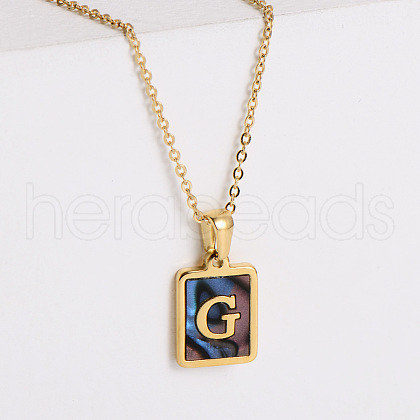 304 Stainless Steel Pave Natural Paua Shell Rectangle Initial Pendant Necklaces for Women FS-WG38E89-07-1