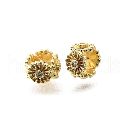 Flower Brass Micro Pave Clear Cubic Zirconia European Beads KK-V011-05G-1