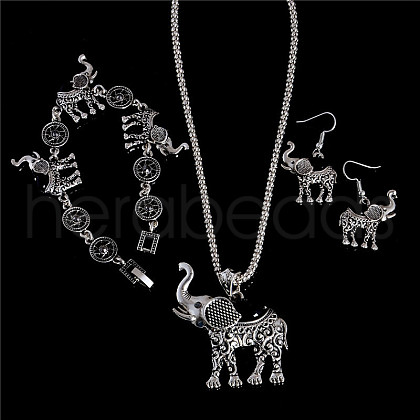 Elephant Alloy & Synthetic Turquoise Pendant Necklace & Dangle Earring & Bracelets Sets FS-WG41C85-02-1