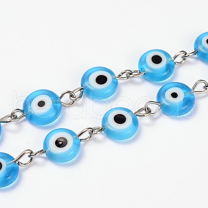 Handmade Lampwork Flat Round Evil Eye Beads Chains for Necklaces Bracelets Making AJEW-JB00110-02-1