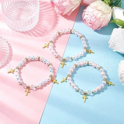 3Pcs 3 Colors ABS Plastic Imitation Pearl Beads Stretch Bracelets BJEW-JB11778-1