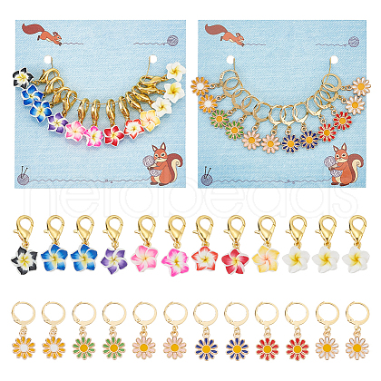  2 Sets 2 Style Flower Handmade Polymer Clay & Alloy Enamel Charm Locking Stitch Marker HJEW-NB0002-09-1