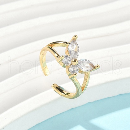 Brass Micro Pave Clear Cubic Zirconia Cuff Rings for Women RJEW-D307-01G-C-1