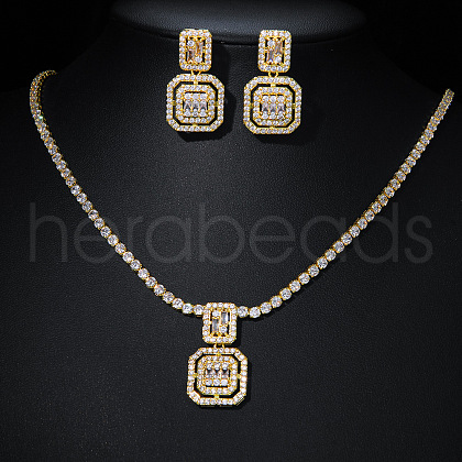 Square Brass Micro Pave Clear Cubic Zirconia Pendant Necklaces & Stud Dangle Earrings Sets FS-WG98D1F-03-1