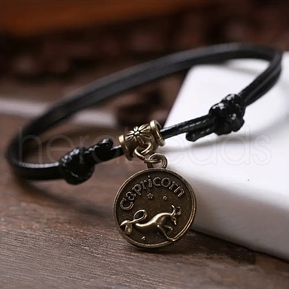 Alloy Flat Round with Constellation Charms Double Layer Black Imitation Leather Cord Adjustable Anklets WGE0879-03-1